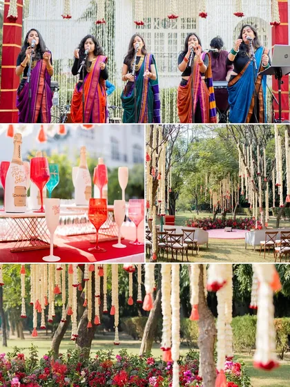 A collage of a charming outdoor ceremony, featuring live female singers in traditional sarees, a bar with colorful glassware, and delicate floral hangings.