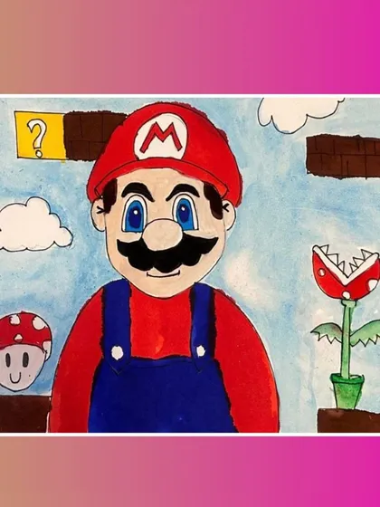A fantastic student painting of Super Mario, bringing the vibrant world of the video game to life on paper.