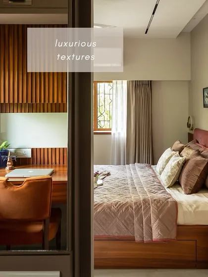 Your bedroom should be a personal retreat. Here, we combined luxurious textures, a warm color palette, and rich wood detailing to create a master bedroom that exudes a romantic and serene ambiance, complete with a connected walk-in study.