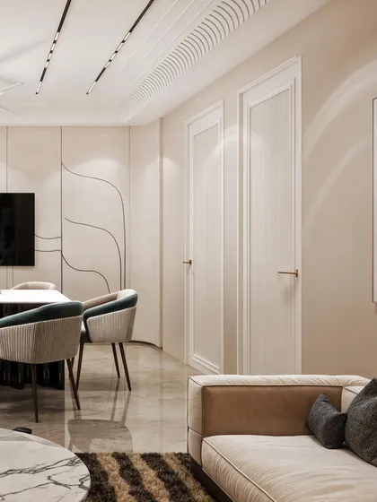 A lobby area that blends living and dining, characterized by clean lines and a neutral palette. The render focuses on the subtle textures and the flow of the space.