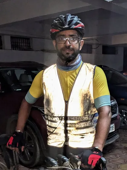 A rider pauses during the Kittur Express 1000K. Night riding is a key component of our long-distance brevets, testing a rider's mental fortitude and strategy.