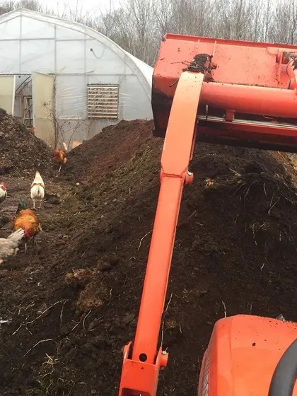 Here you can see my tractor turning a large compost pile with the chickens supervising nearby. They are always eager to get into a freshly turned pile to find insects and other treats, helping with aeration in the process.