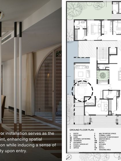A floor plan highlighting the entrance foyer, showing how the mirror installation serves as a focal point, enhancing spatial perception and inducing a sense of tranquility.