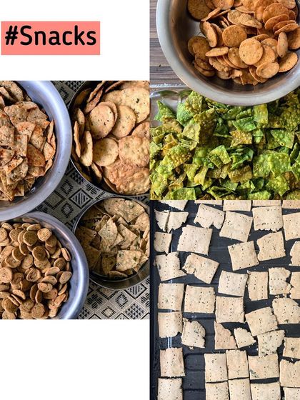 A colorful assortment of my homemade snacks. This collage shows different types of mathris and papdis, all crunchy, savory, and perfect with a cup of tea.