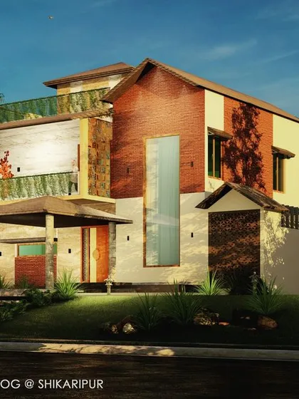A daytime render of the Shikaripura residence, highlighting the material palette of brick, stone, and wood. The design emphasizes natural light and provides multiple balconies and outdoor areas to enjoy the surrounding environment.