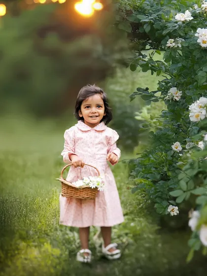 A little lady in the garden. This sweet portrait of a toddler holding a basket of flowers captures the innocence and wonder of childhood. The soft, golden sunset light adds a touch of magic.