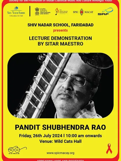 This poster is for a lecture-demonstration at the Shiv Nadar School. These "lec-dems" are highly interactive, allowing students to ask questions and get a closer look at the sitar and the art of improvisation.