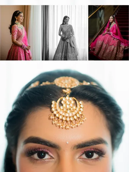 A collage of bridal portraits, showing different angles and details. From a close-up of her mathapatti to a full-length shot, it’s a celebration of bridal beauty.