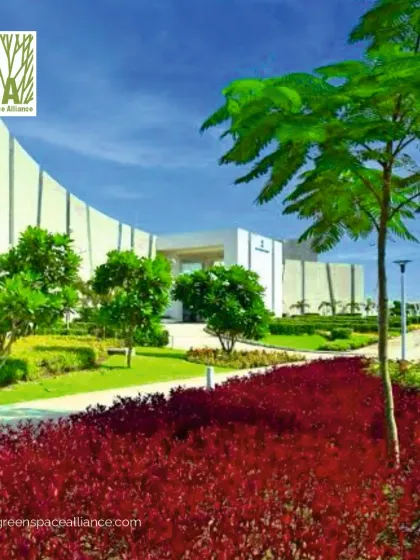 Wishing everyone a Happy Holi. The bold red groundcover in this landscape design brings a splash of festive color, contrasting beautifully with the green trees and modern architecture.