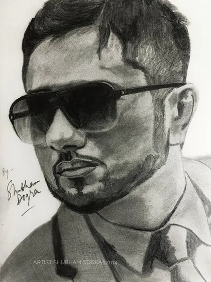 An early pencil drawing of rapper Yo Yo Honey Singh. This 2014 piece captures his iconic look with sunglasses and a cool demeanor.