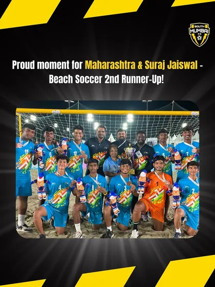 The full Maharashtra Beach Soccer team, led by our Head Coach, posing with their trophy. A proud moment for the state and for SMFA.
