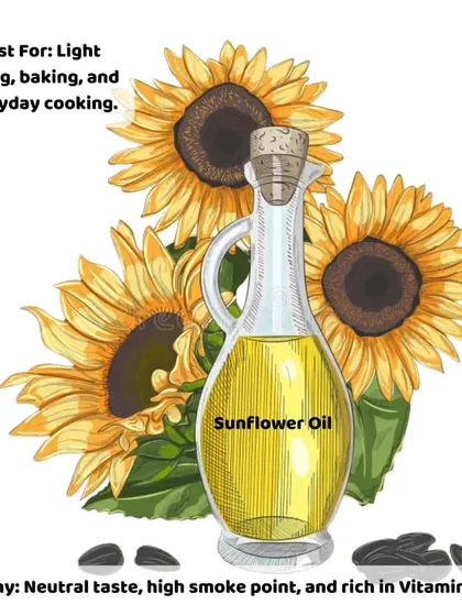 A guide to cooking oils: Sunflower oil has a neutral taste and high smoke point, making it great for everyday light frying and baking. It's also rich in Vitamin E.