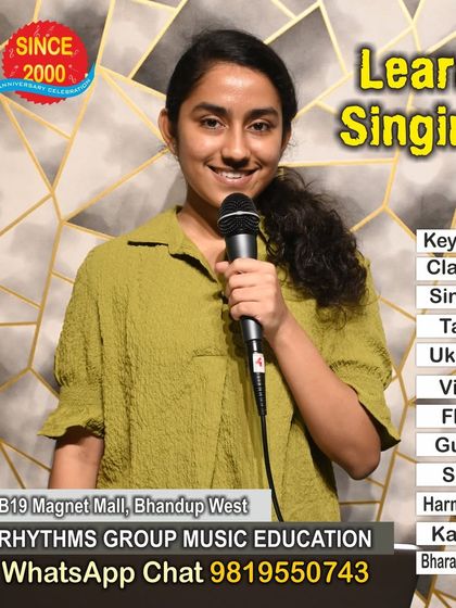 A young student ready for her singing lesson. We offer a wide range of music classes for kids, including singing, keyboard, guitar, and more, helping them discover their musical talents early on.