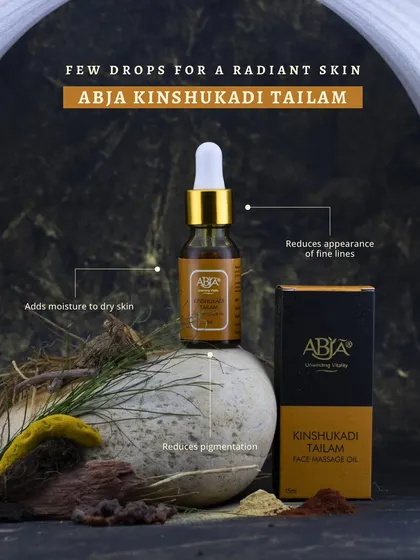Just a few drops of my Kinshukadi Tailam are needed for radiant skin. It helps reduce fine lines, add moisture, and reduce pigmentation.