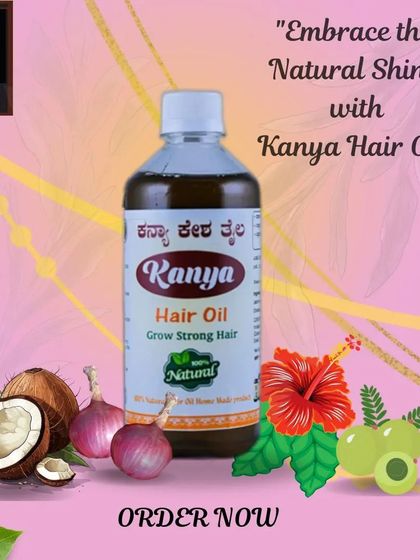 Embrace the natural shine your hair can have. This graphic showcases some of the key ingredients like coconut, onion, hibiscus, and amla that make my Kanya Hair Oil so effective.