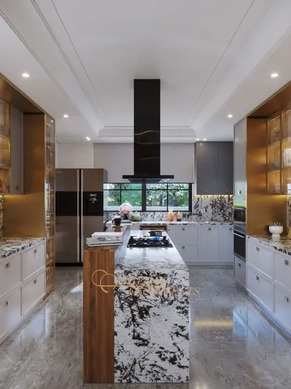 A full panoramic view of the kitchen, highlighting the symmetrical design, ample counter space, and high-end appliances that make it a chef's dream.