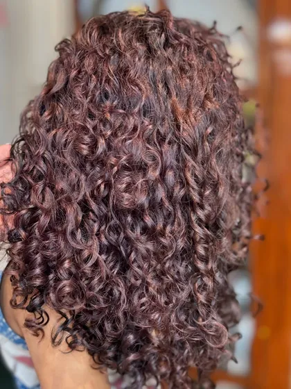 A collection of my other no-bleach balayage and color work, showcasing a variety of tones from subtle browns to vibrant reds on different curl types.