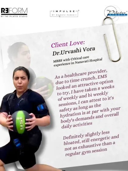 A testimonial from Dr. Urvashi Vora, a healthcare provider who found EMS to be an attractive, time efficient option. She notes feeling more energetic and less bloated.