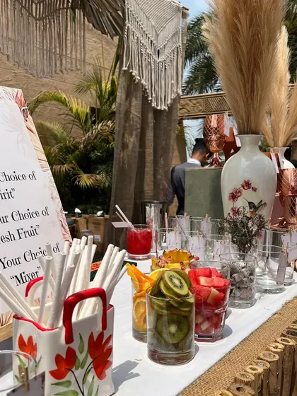We love creating interactive experiences for guests. This DIY Mojito Bar at a bohemian-themed sundowner allowed guests to choose their own spirits, fresh fruits like kiwi and watermelon, and mixers to build their perfect drink.