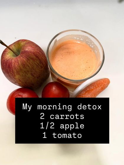 My morning detox juice is simple and effective. It's a blend of 2 carrots, half an apple, and 1 tomato, providing a great start to the day with essential vitamins and antioxidants.