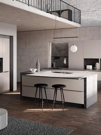A swipeable image showing how a kitchen can be transformed with color. This version features soft, neutral beige-grey cabinets for a calm and sophisticated look.