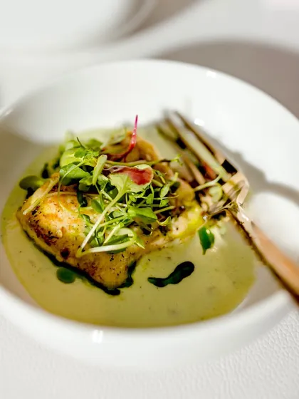 A beautifully plated small plate of pan-seared fish with microgreens in a light, creamy sauce. This dish is perfect for a "flying buffet" service, offering restaurant-quality food in an event setting.