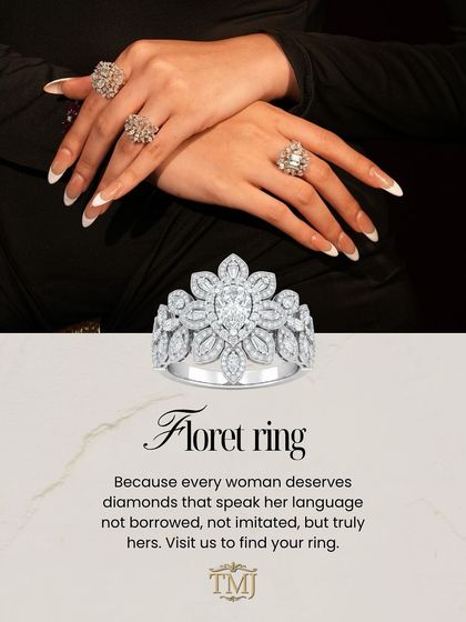 This is the Floret ring, because every woman deserves diamonds that speak her language. Its intricate floral design is crafted with marquise and round diamonds, creating a piece that is truly yours.