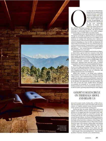 A quiet corner in our Shakti Prana lodge, where the window frames a perfect view of the Himalayan peaks. This image was part of a feature in the Financial Times on the project's unique blend of luxury and remote, natural beauty.