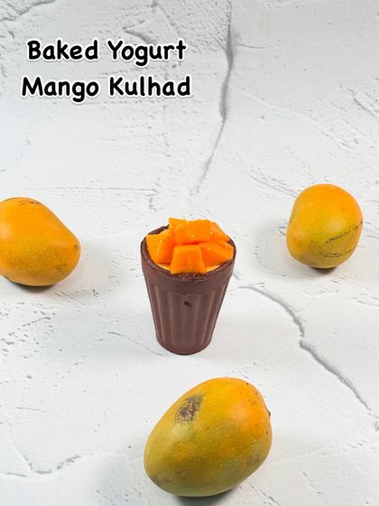Our Baked Yogurt Mango Kullad is a unique fusion dessert. We serve creamy, tangy baked yogurt infused with mango in an edible chocolate kullad, topped with fresh mango pieces for a delightful texture.
