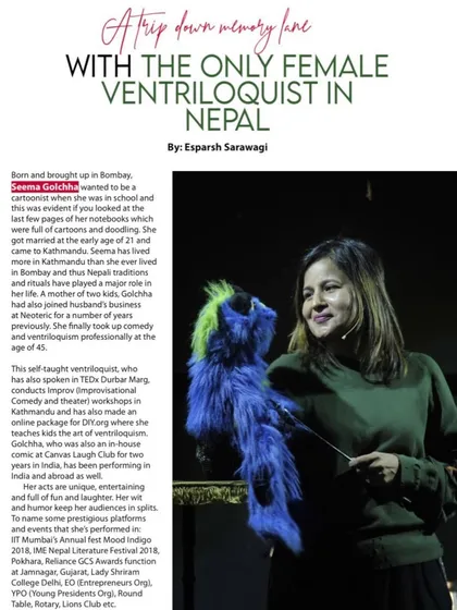 An article from ECS Living magazine recognizing me as the only female ventriloquist in Nepal. It was wonderful to see my craft highlighted in such a respected publication.