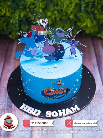 A fun Oggy and the Cockroaches cake for Soham's birthday. The bright blue design with all the characters is perfect for a fan of the chaotic cartoon.