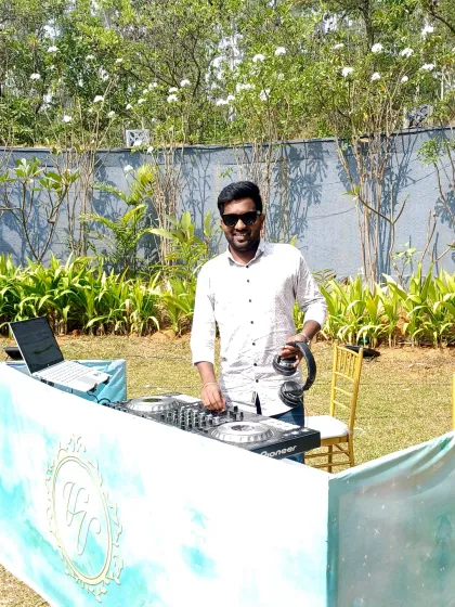My setup for a garden party wedding event. I can adapt my equipment and style for any location, ensuring great sound quality even in open air venues.