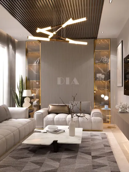This living area demonstrates my use of architectural details to define a space. A fluted feature wall, a slatted wood ceiling, and a modern sculptural chandelier work together to create a sophisticated and layered minimalist interior.