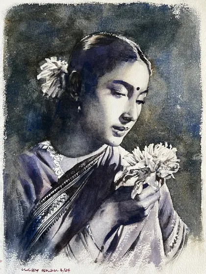 A beautiful monochrome portrait of actress Nutan, used here to announce the schedule for an upcoming Online Complete Watercolor Course.
