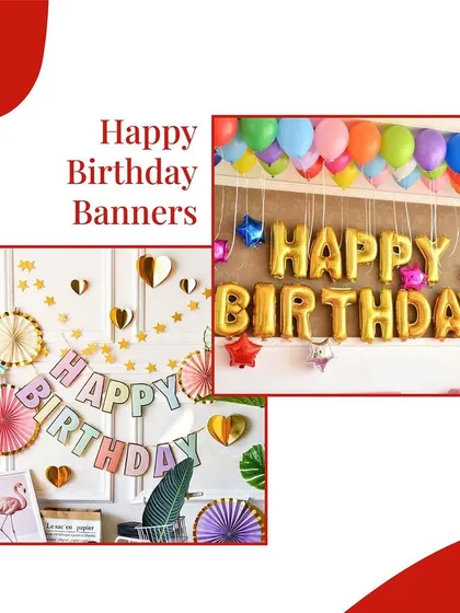 A 'Happy Birthday' banner is a party essential, and we have styles for every taste. Here you can see a classic gold foil letter banner and a more playful pastel paper banner with decorative fans.