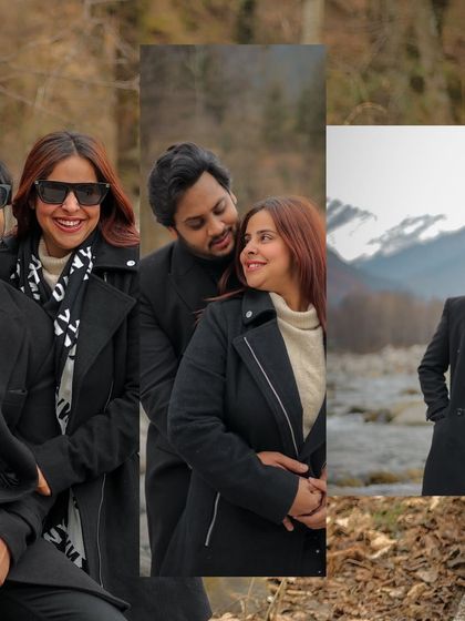 A collage of intimate and happy moments from a post-wedding shoot in the mountains.