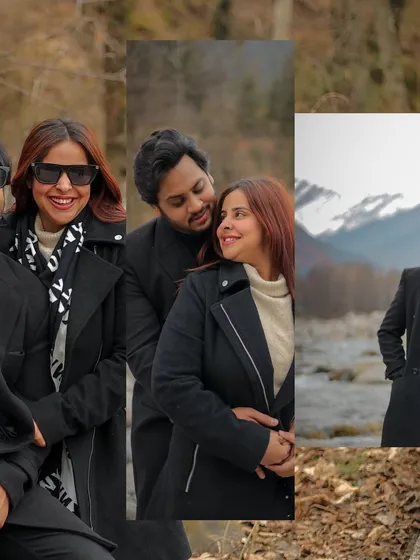 A collage of intimate and happy moments from a post-wedding shoot in the mountains.
