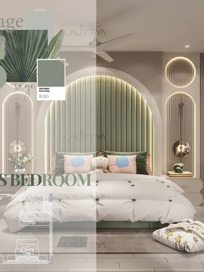 This kid's bedroom design uses a soothing palette of sage green and neutral tones. The arched, padded headboard and playful pillows create a space that is modern, luxurious, and whimsical.