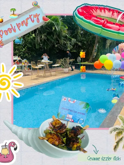 A fun and vibrant pool party I hosted for a birthday celebration. The event featured colorful poolside decor, inflatable toys, and delicious, easy-to-eat treats like these sesame sizzler sticks, perfect for a relaxed day of fun in the sun.