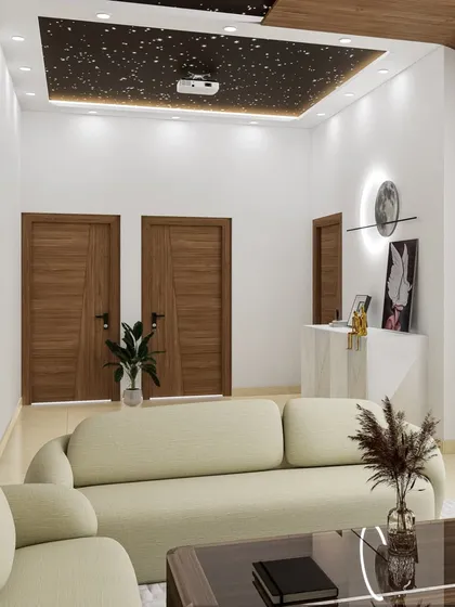 A view of the home theater living space, showing the comfortable sofa and the starry night effect on the ceiling created with fiber optic lights.