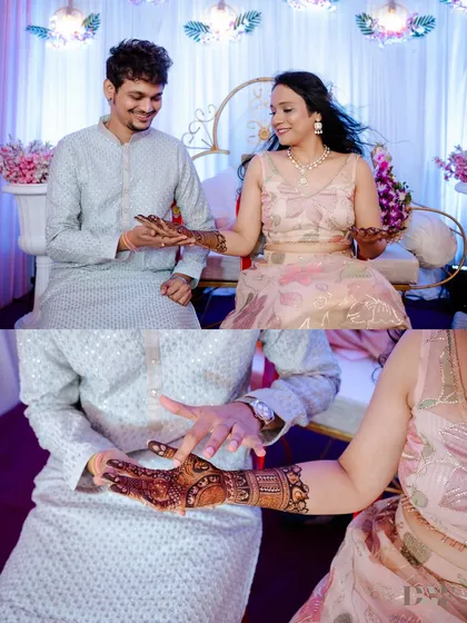 A collage from the Mehendi ceremony, showing the bride displaying her intricate henna design to her groom. A beautiful pre-wedding ritual.