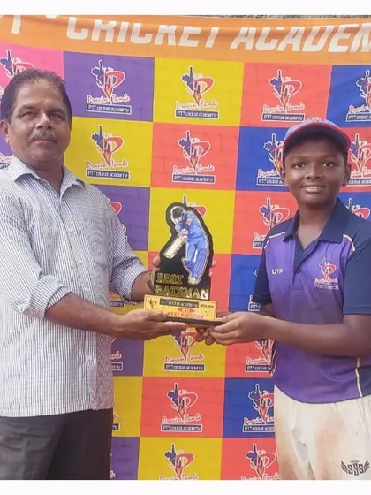 The Man of the Series for the U-12 tournament, Arnav Shelar, receives his well-deserved trophy for outstanding all-round play.