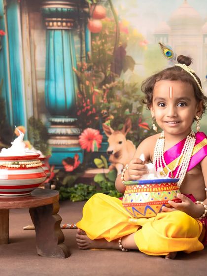 The playful innocence of a child dressed as Lord Krishna, captured in various poses from joyful laughter to thoughtful gazes.