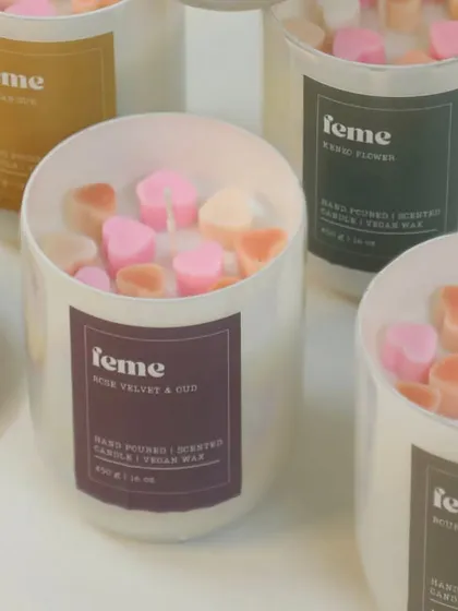 A collection of our Holographic Jars with heart wax melts, perfect for the festive season. The Rose Velvet & Oud scent is a crowd favorite.