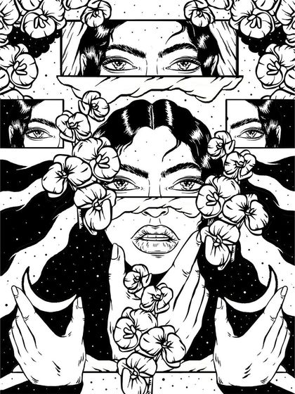 The original black and white ink drawing for 'The Feminine Gaze,' which formed the basis for the final colored artwork.