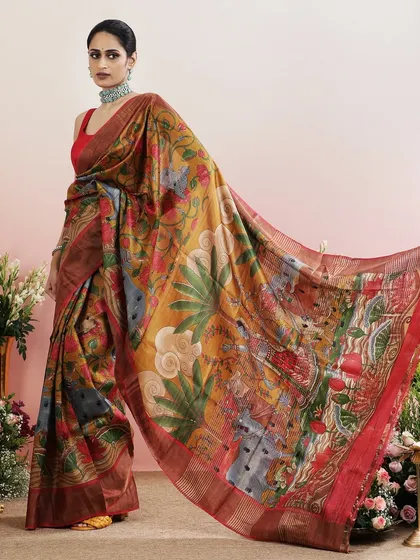 The full view of the mythological print saree, a rich and colorful tapestry of stories.