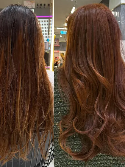 This before-and-after showcases a complete color transformation into a vibrant amber shade. I corrected the uneven tones in the initial hair to create a rich, consistent color that shines from every angle, proving that bold color can also be incredibly healthy.