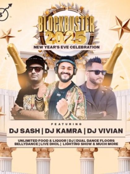 The official poster for a massive 'Blockbuster 2025' New Year's Eve celebration. These events are all about going big with multiple DJs, live acts, and a huge production.