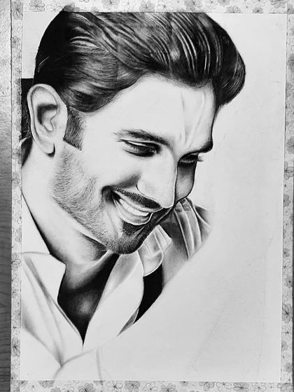 A gallery showing the creation of my tribute to Sushant Singh Rajput. Each image shows a different stage, from the initial sketch to the final emotional portrait.