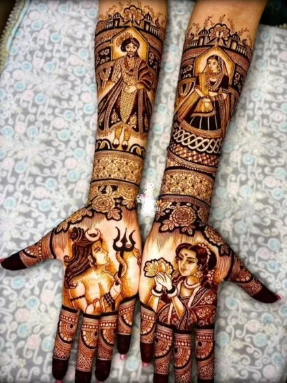 For brides who want to include spiritual elements, I specialize in creating divine portraits. This design features beautiful depictions of Lord Shiva and Parvati on the palms, with Radha and Krishna on the forearms.